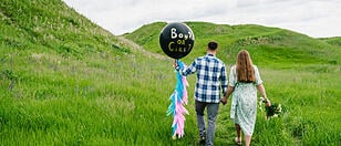 Baby shower party in a field or meadow. Man and woman holding a